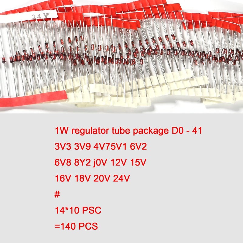 AEDIKO 14 Value 140pcs 1W Zener Diodes Assortment Kit 3.3V 3.9V 4.7V 5.1V 6.2V 6.8V 8.2V 10V 12V 15V 16V 18V 20V 24V - Image 2